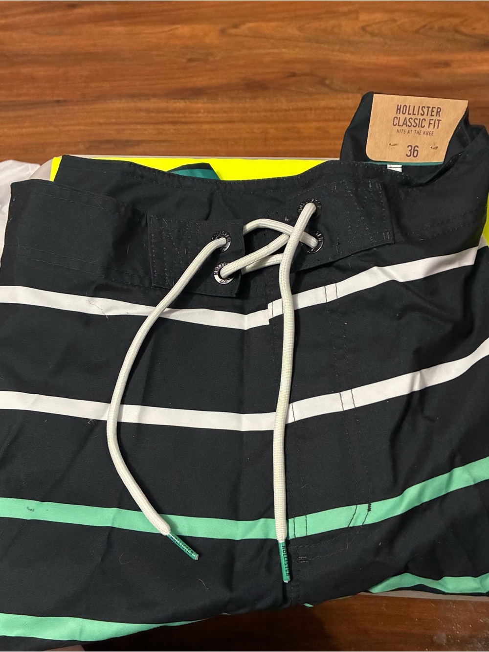 Hollister Black Swim Shorts with White & Mint Green Stripes